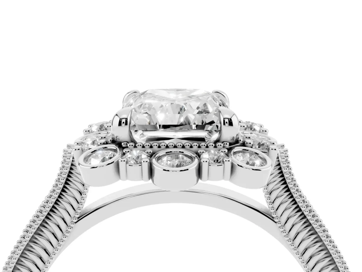 Radiant Cut Halo Milgrain Pave Diamond Ring with Four-Prong Setting Silver