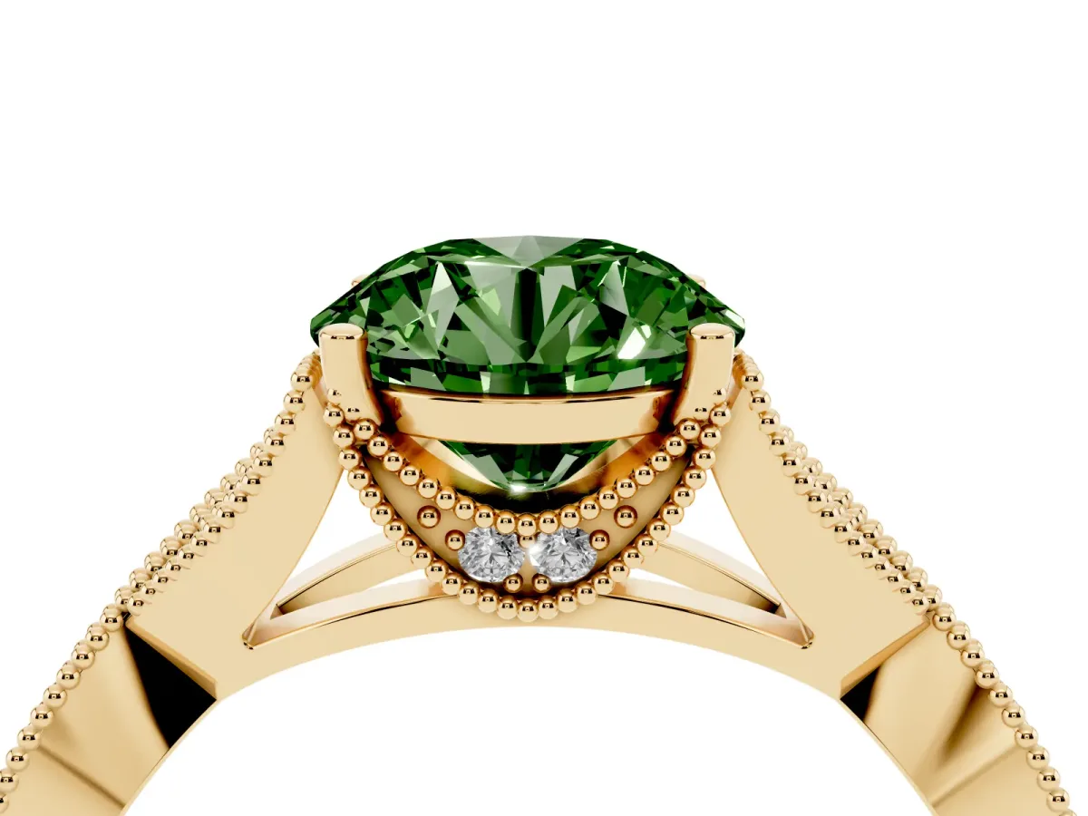 Fancy Green Round Cut Cut Diamond Twisted Band with Milgrain Pave Setting and Four-Prong Setting Yellow gold