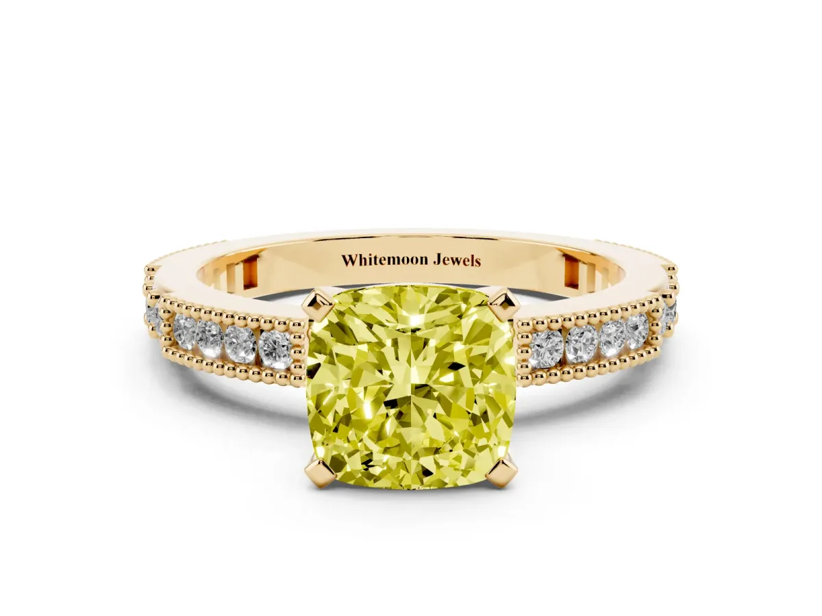 Fancy Yellow Cushion Cut Solitaire with Pavé Band and Four-Prong Setting Yellow gold