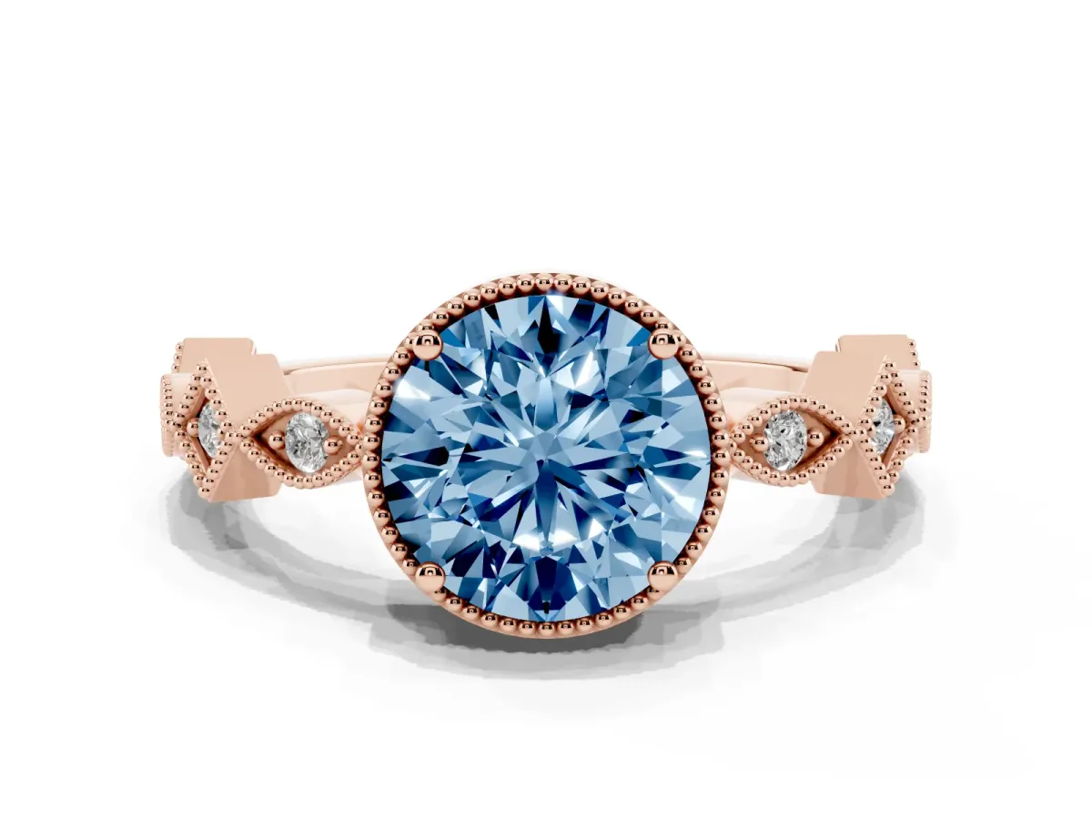 Fancy Blue Round Cut Milgrain Marquise Diamond Twist Band Ring Rose gold