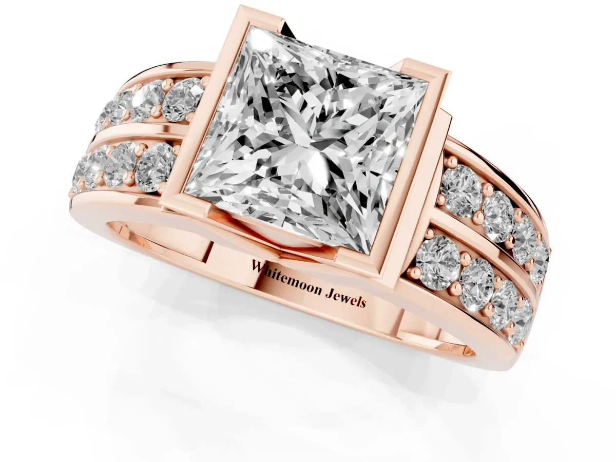 Princess Cut Brilliant Diamond Channel Set Wide Band Ring with Bezel Setting Rose gold