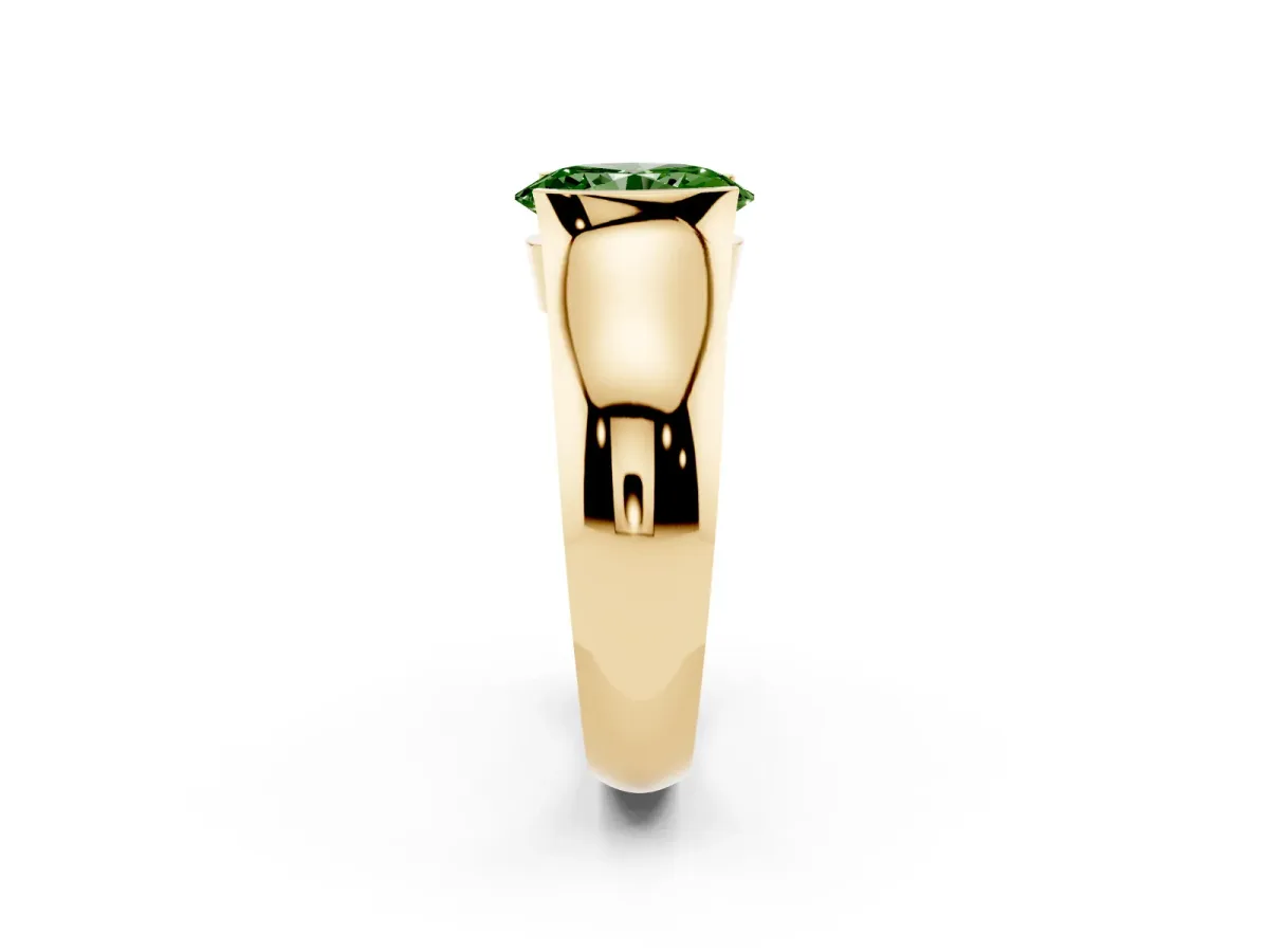Fancy Green Oval Cut Solitaire Bezel Set Diamond Ring with Wide Band Yellow gold
