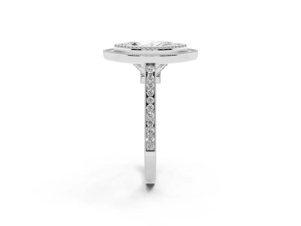 Marquise Cut Diamond Halo Ring with Milgrain Frame and Pavé Band Silver