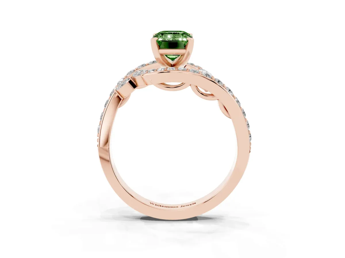 Fancy Green Emerald Cut Solitaire with Pavé Twist Band and Four-Prong Setting Rose gold
