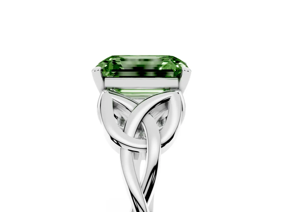 Fancy Green Emerald Cut Diamond Solitaire Engagement Ring with Celtic Knot Band and Four-Prong Setting White gold