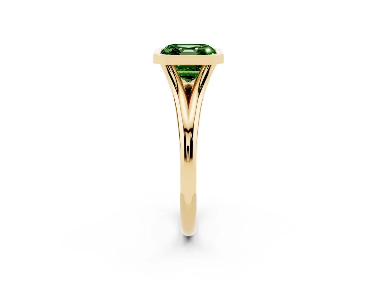 Fancy Green Bezel Set Asscher Cut Cut Solitaire Ring with Tapered Band Yellow gold