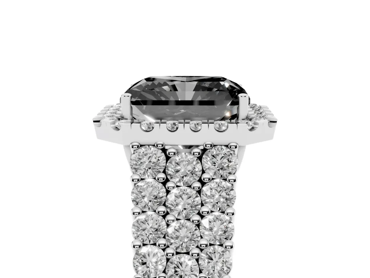 Fancy Black Radiant Cut Diamond Halo Engagement Ring with Triple Row Round Pavé Band and Prong Setting Platinum