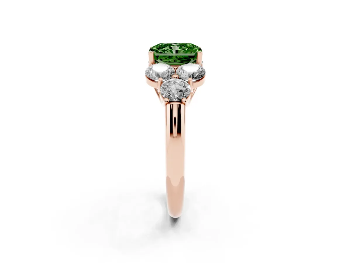 Fancy Green Radiant Cut Cut Diamond Cluster Ring with Round Accent Stones and Prong Setting on a Classic Band Rose gold