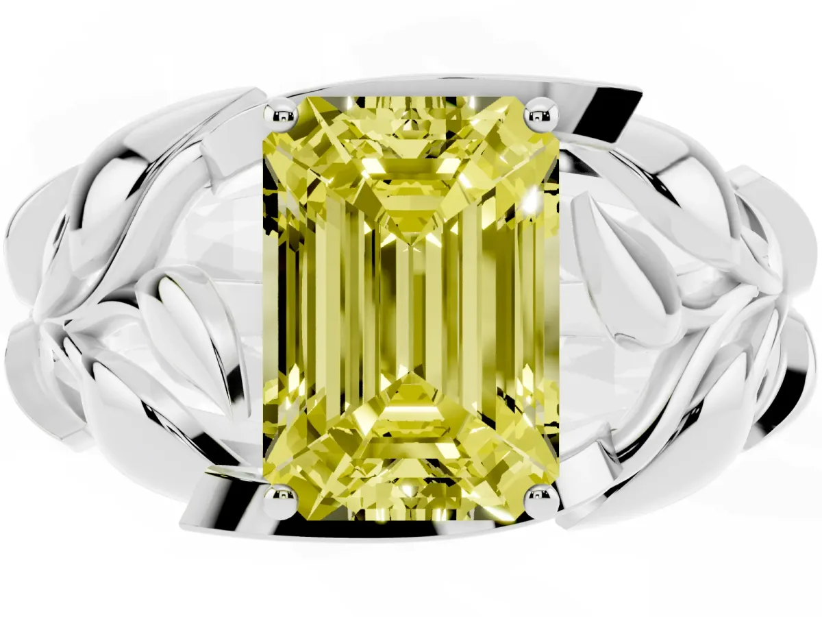 Fancy Yellow Emerald Cut Diamond Leaf-Inspired Engagement Ring with Round Accents and Prong Setting Platinum