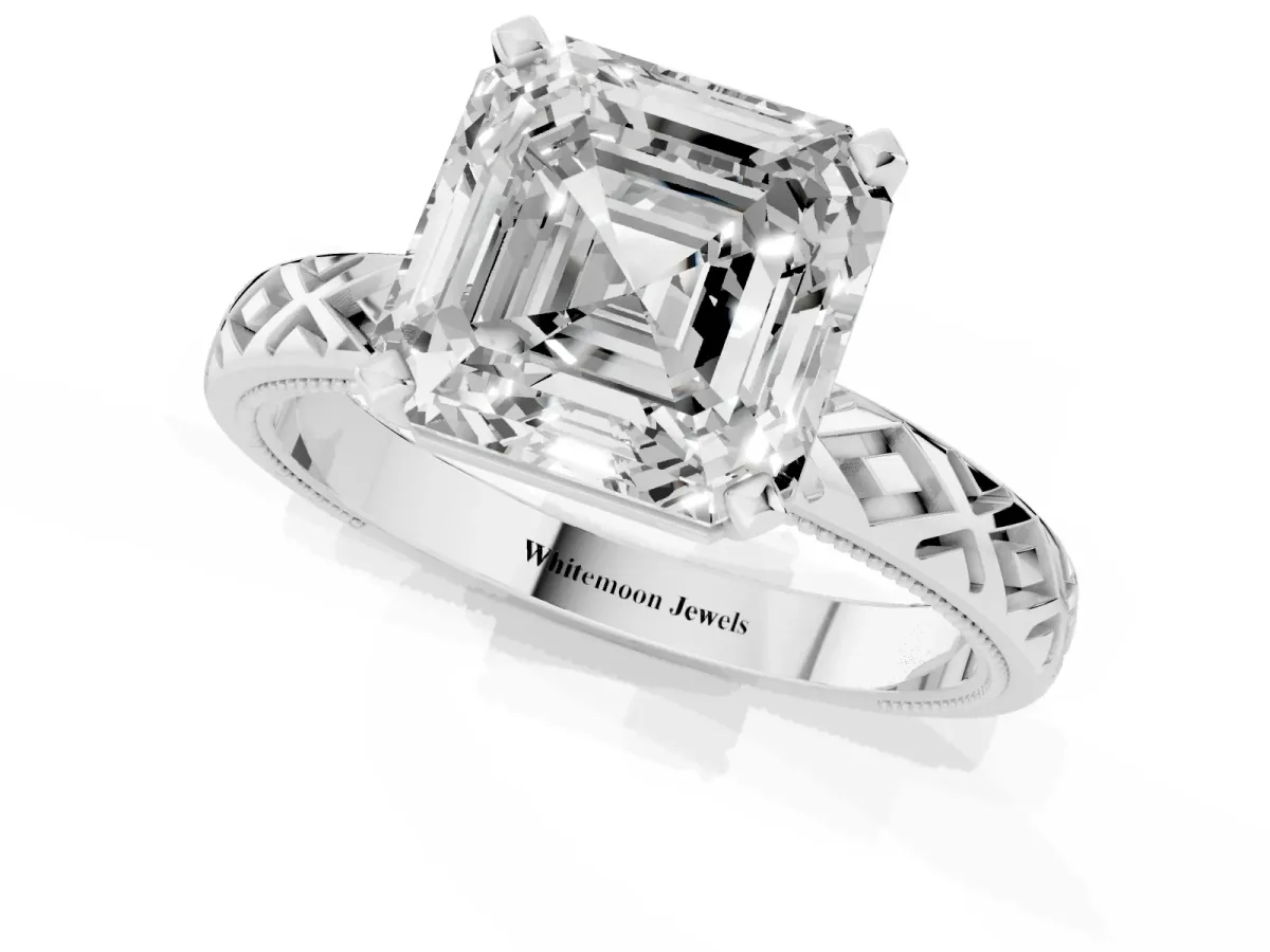 Asscher Cut Solitaire Diamond Ring with Milgrain and Black Enamel X Pattern Band Silver