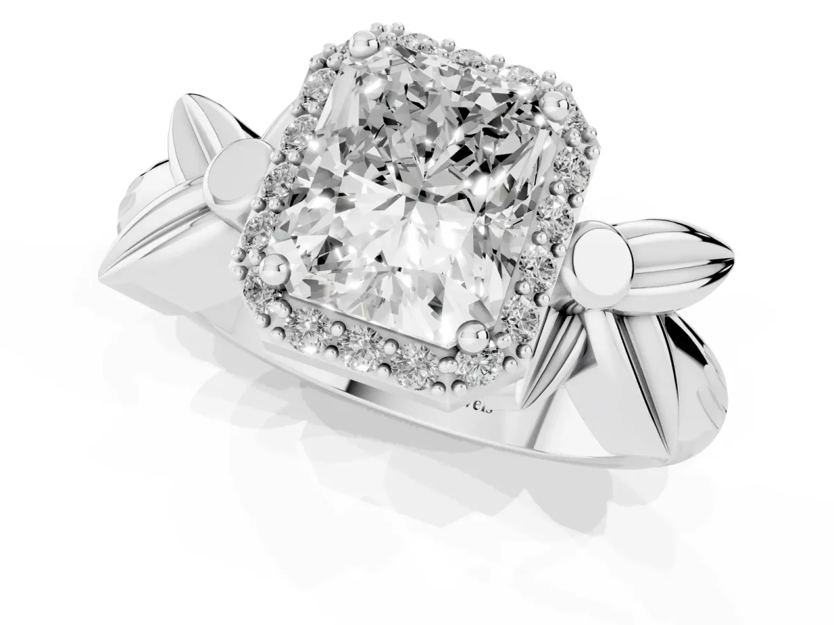 Radiant Cut Halo Diamond Floral Band with Four-Prong Setting Platinum