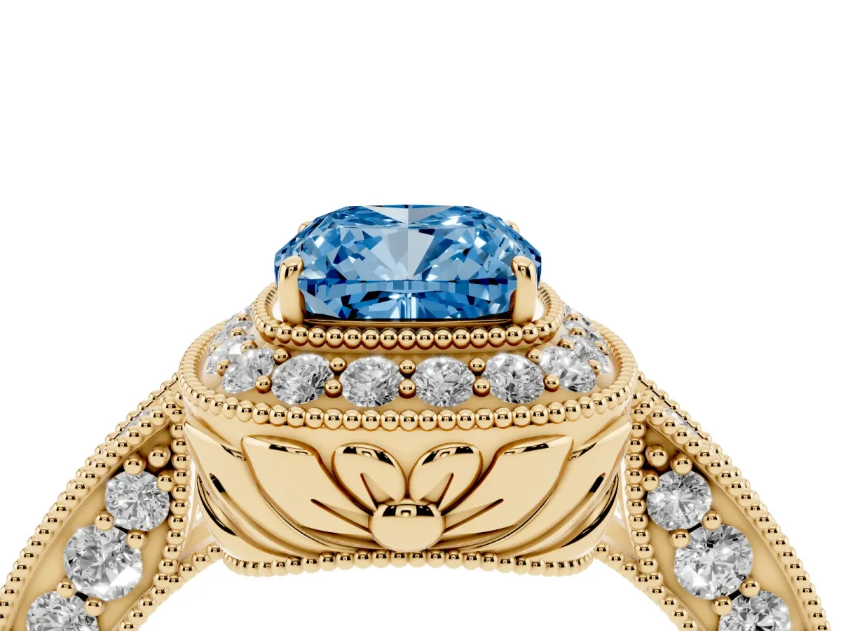 Fancy Blue Cushion Cut Halo Diamond Split Shank Ring with Milgrain Detail Yellow gold