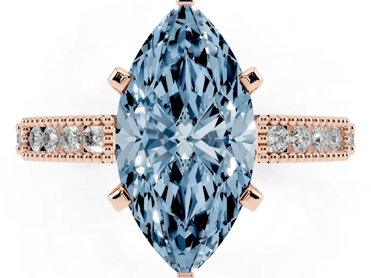 Fancy Blue Marquise Cut Solitaire with Pavé Band and Four-Prong Setting Rose gold