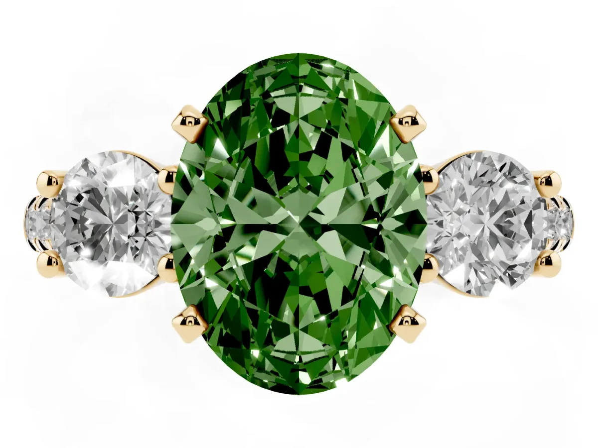 Fancy Green Three-Stone Oval Cut Diamond Pavé Band with Four-Prong Setting Yellow gold