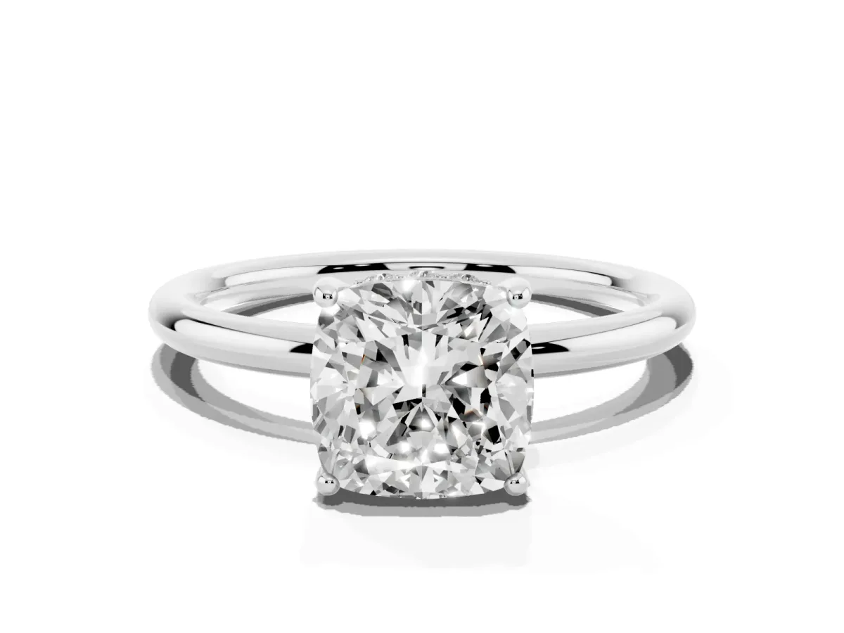 Cushion Cut Solitaire Diamond Ring with a Classic Band and Four-Prong Setting Silver