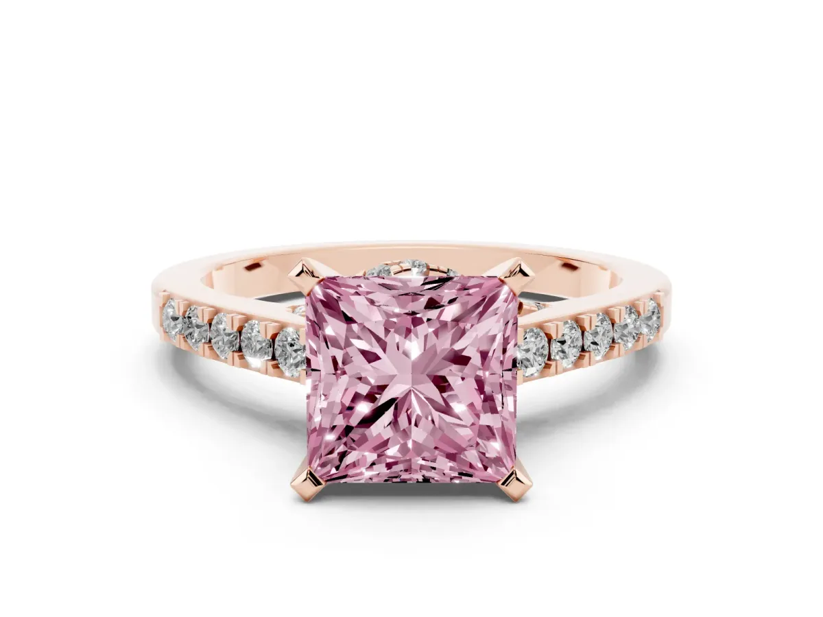 Fancy Pink Princess Cut Diamond Solitaire Ring with Crossover Gallery and Round Pavé Band Rose gold