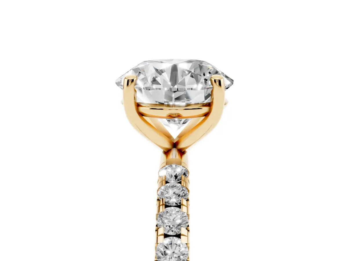 Round Cut Cut Diamond Solitaire Ring with Micro Pave Band and Four Prong Setting Yellow gold