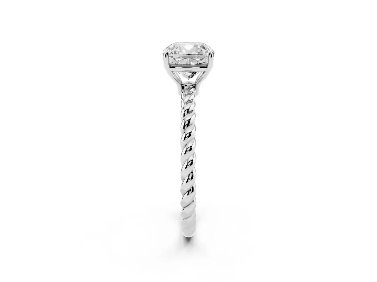 Cushion Cut Solitaire Twist Band Ring with Four-Prong Setting White gold