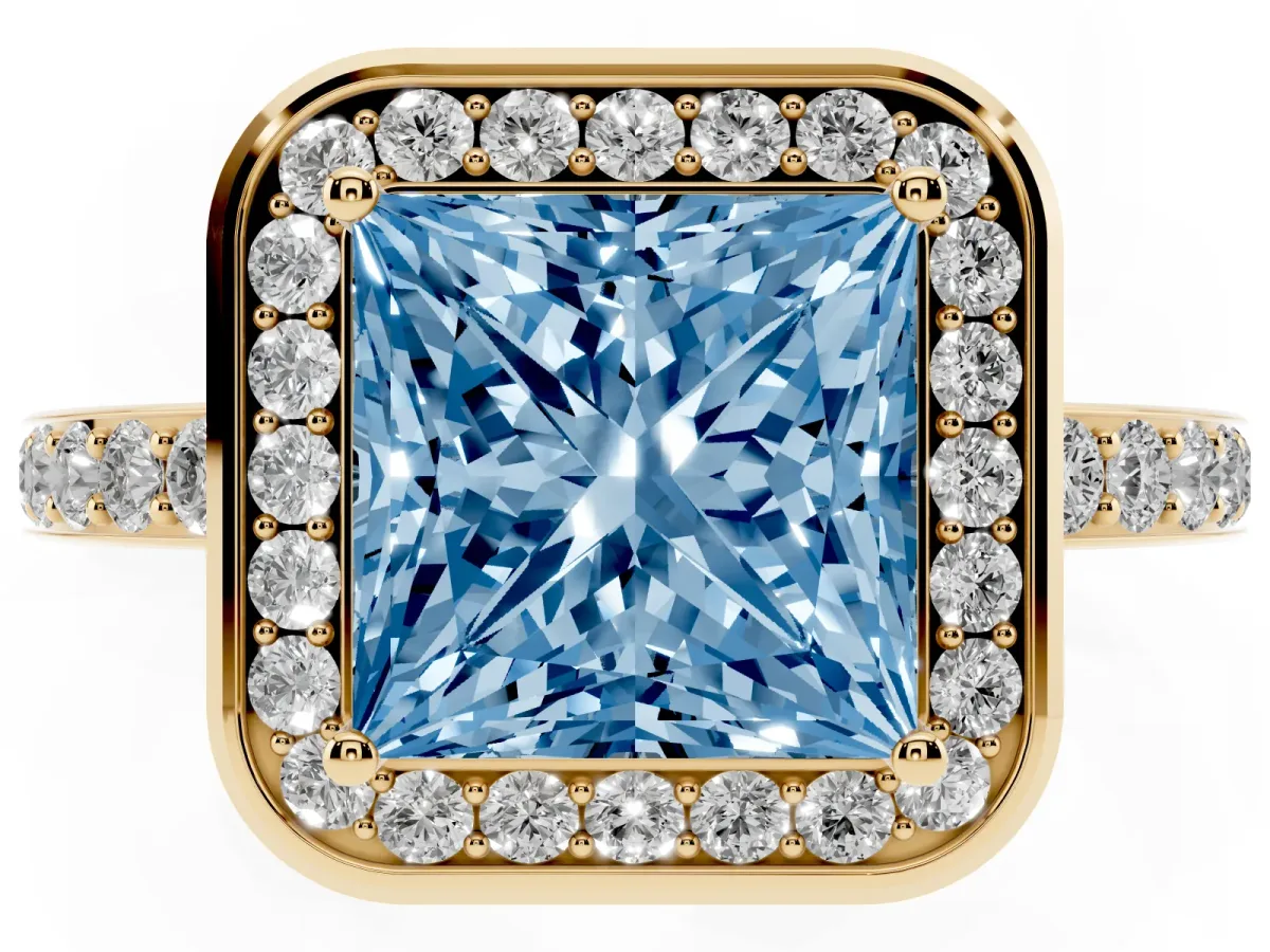 Fancy Blue Princess Cut Diamond Halo Ring with Bezel Frame and Pavé Band Yellow gold