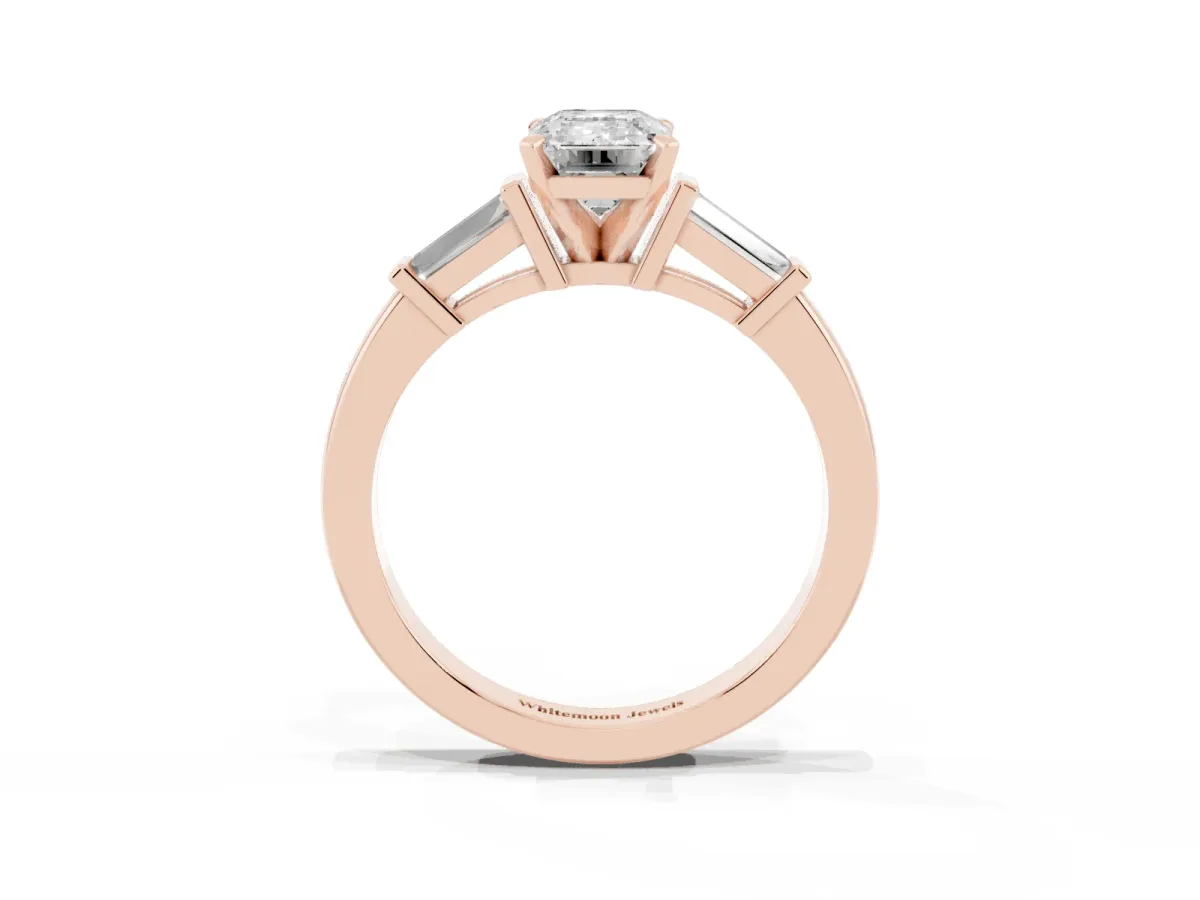 Emerald Cut Cut Diamond Solitaire Ring with Tapered Baguette Accents and Four-Prong Setting Rose gold