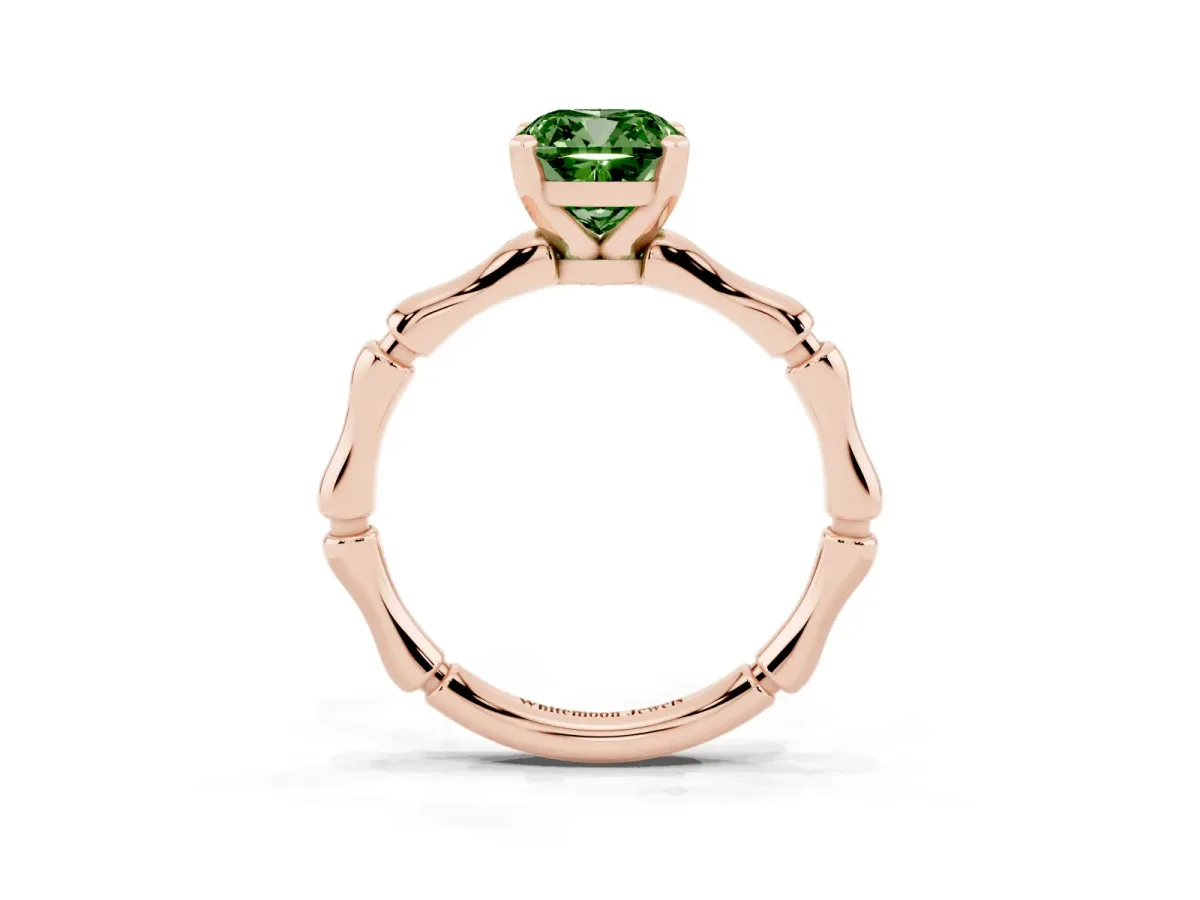 Fancy Green Cushion Cut Solitaire Diamond Ring with Bamboo Band and Four-Prong Setting Rose gold