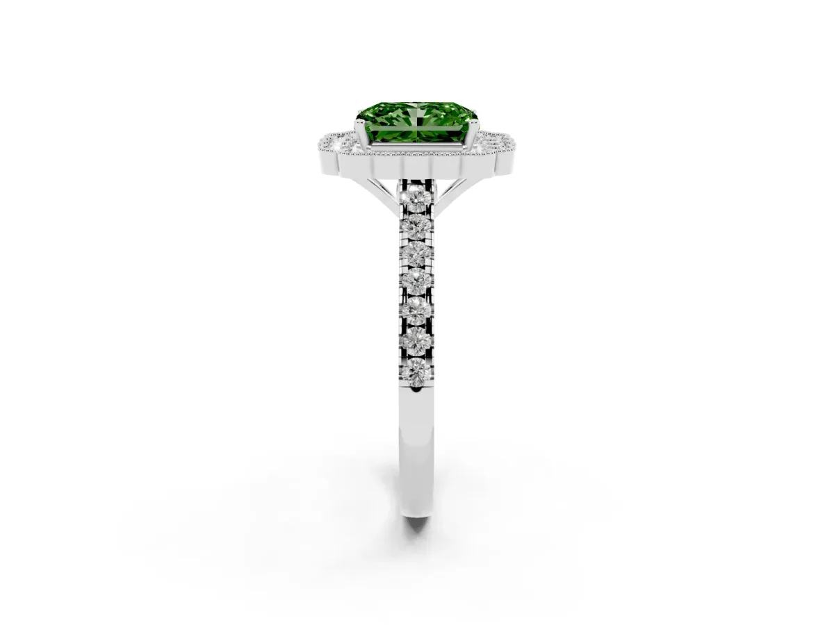 Fancy Green Radiant Cut Cut Diamond Milgrain Floral Halo Engagement Ring with Pavé Band Silver