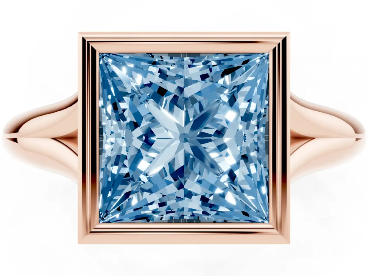 Fancy Blue Bezel Set Princess Cut Solitaire Diamond Ring with Smooth Band Rose gold