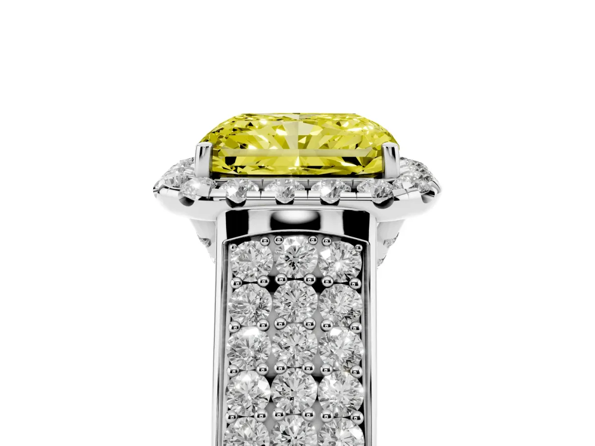 Fancy Yellow Radiant Cut Halo Round Diamond Pave Band with Prong Setting Silver