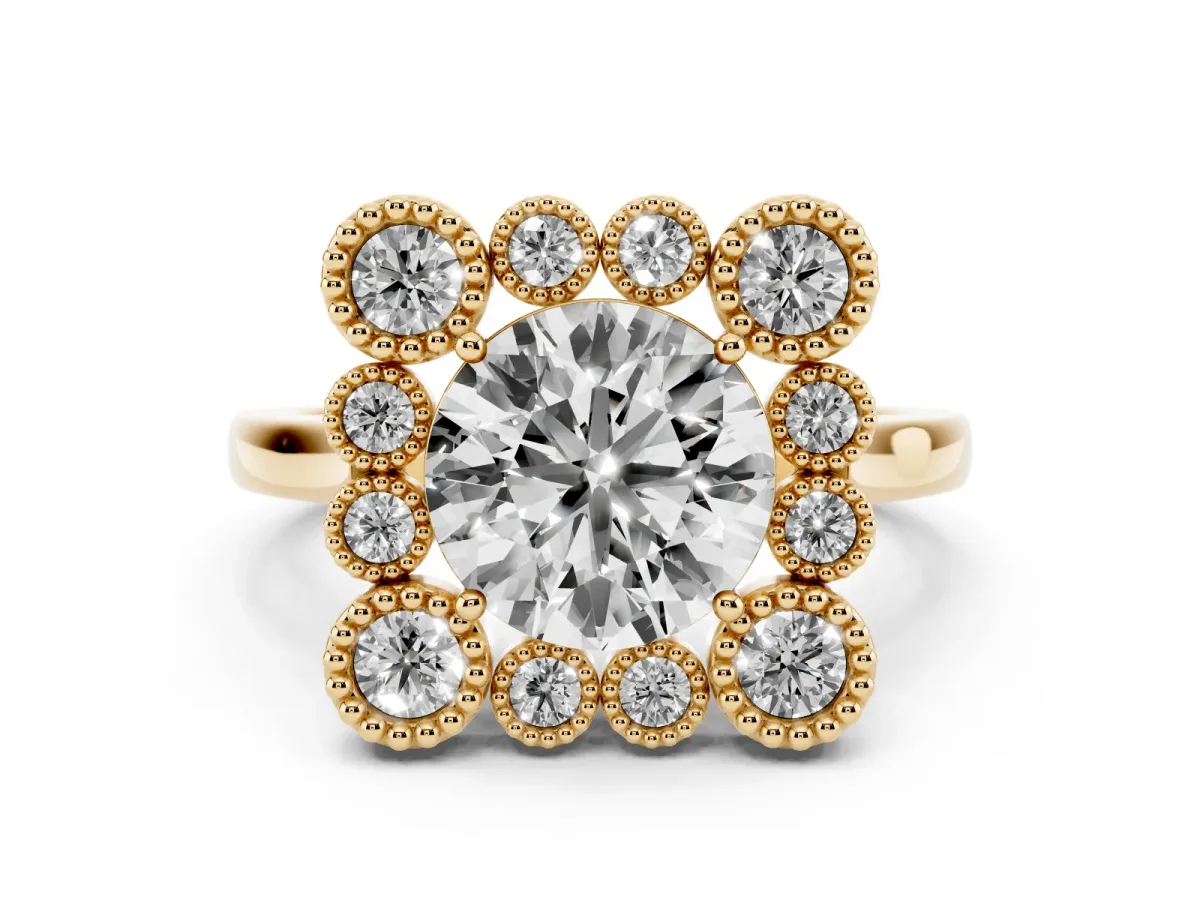 Round Cut Halo Diamond Cluster Engagement Ring with Milgrain Bezel Setting and Solitaire Band Yellow gold