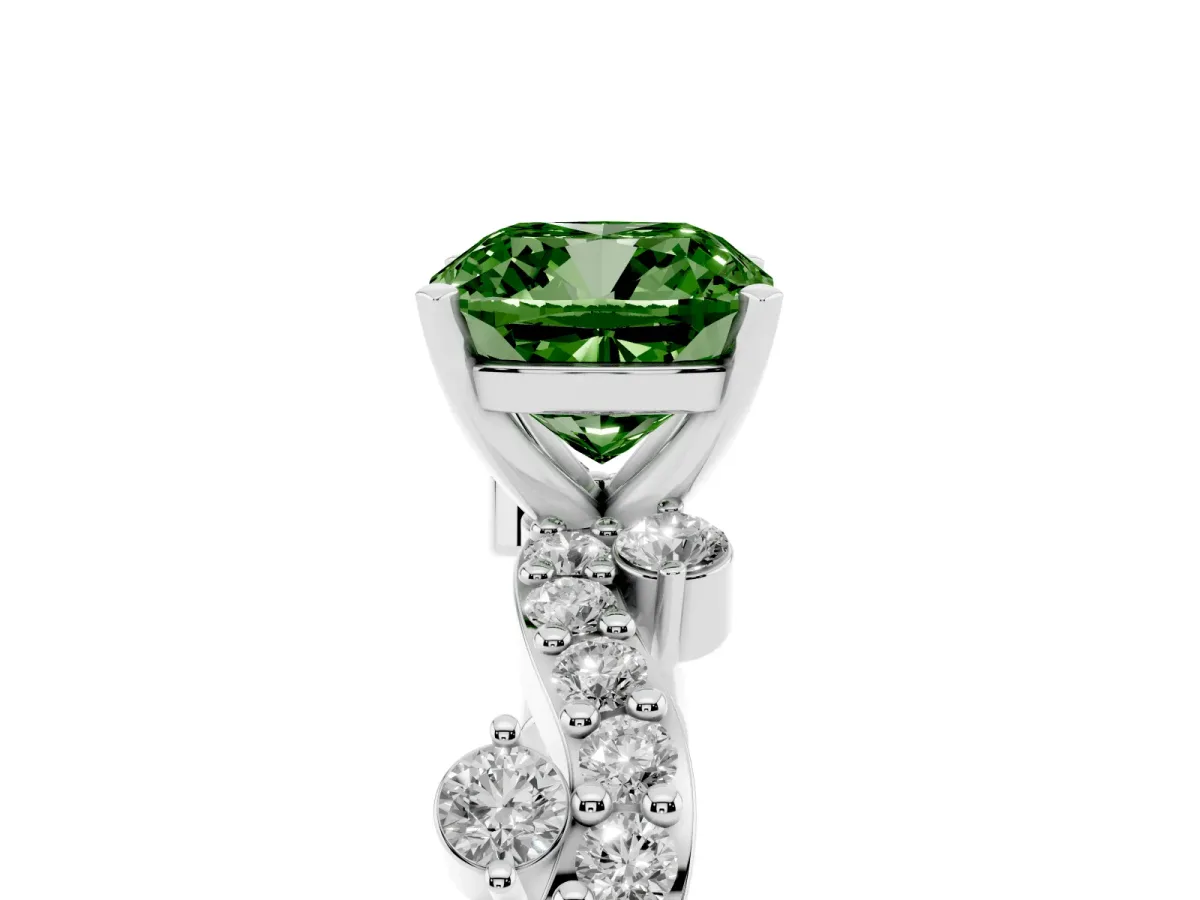 Fancy Green Cushion Cut Cut Solitaire Diamond Twisted Band with Pave Setting Silver