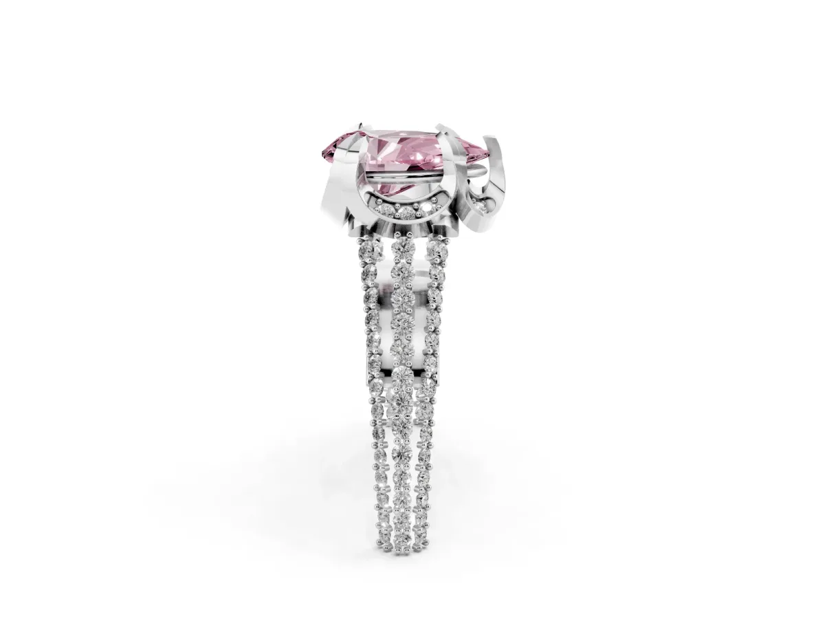 Fancy Pink Pear Cut Solitaire Pave Split Shank Ring with Four-Prong Setting Silver