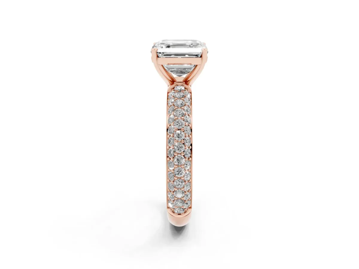 Asscher Cut Diamond Solitaire Ring with Prong Setting and Pavé Band Rose gold