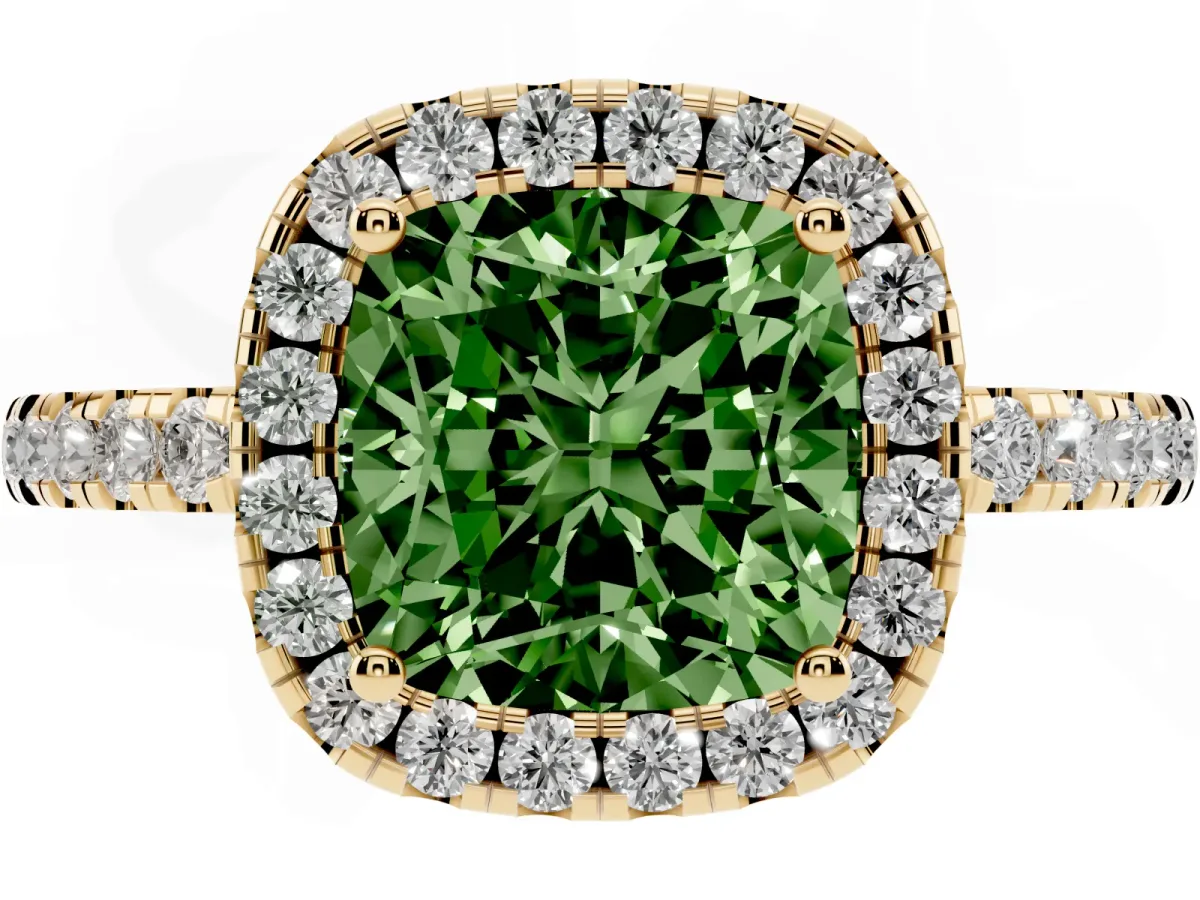 Fancy Green Cushion Cut Halo Diamond Engagement Ring with Pavé Band and Four-Prong Setting Yellow gold