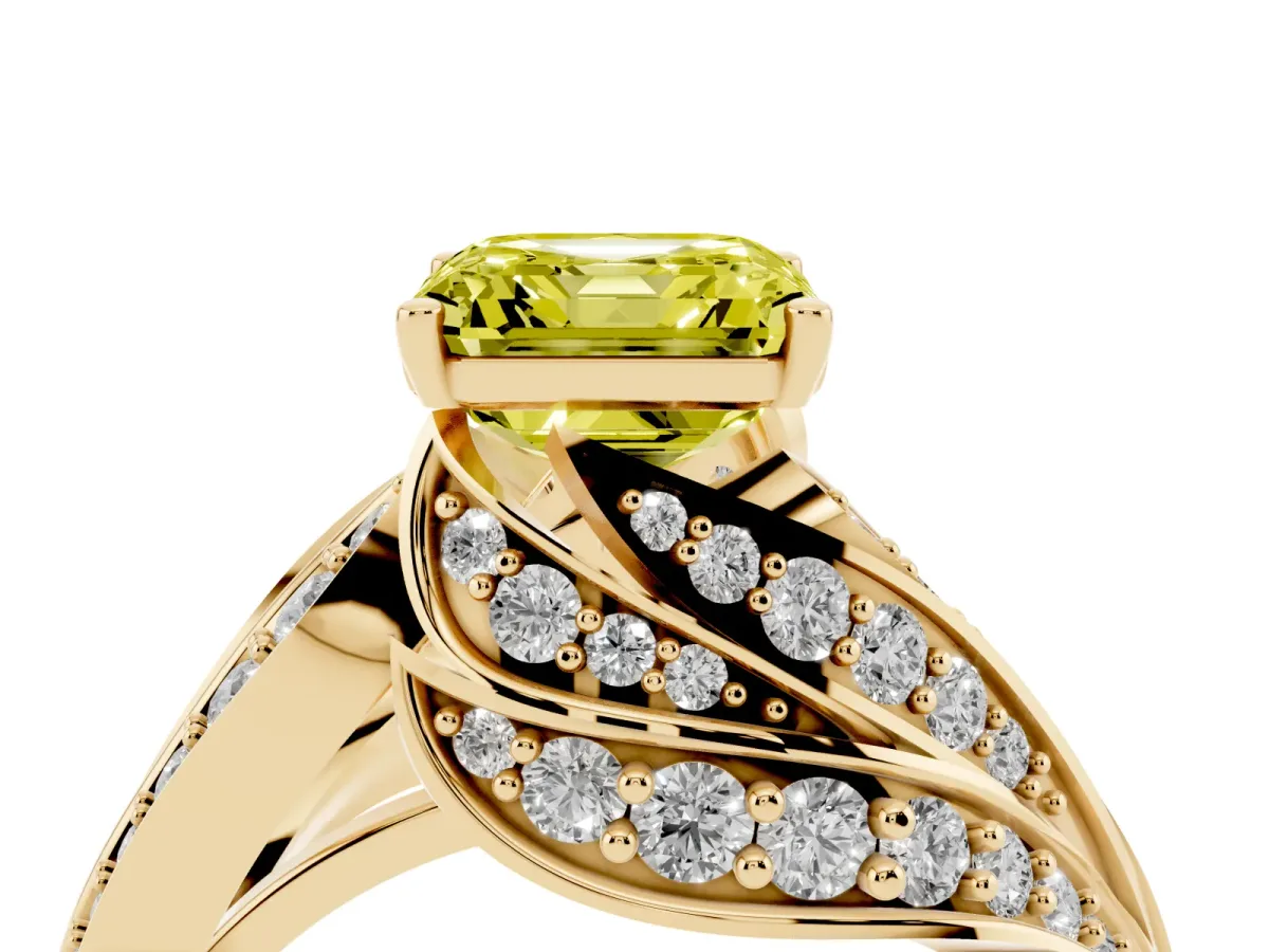 Fancy Yellow Asscher Cut Diamond Solitaire Ring with Prong Setting and Twisted Pavé Band Yellow gold