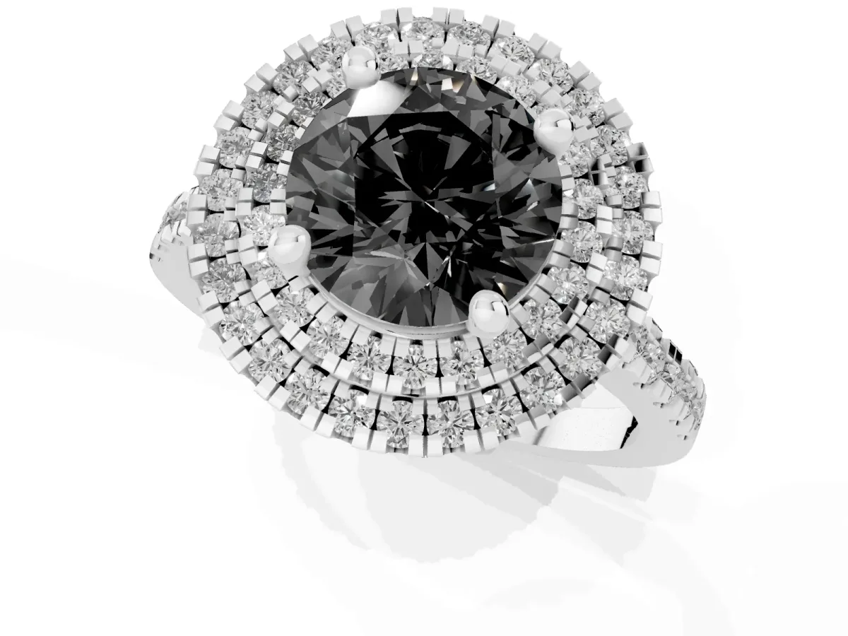 Fancy Black Double Halo Round Cut Diamond Pavé Band with Four-Prong Setting Silver