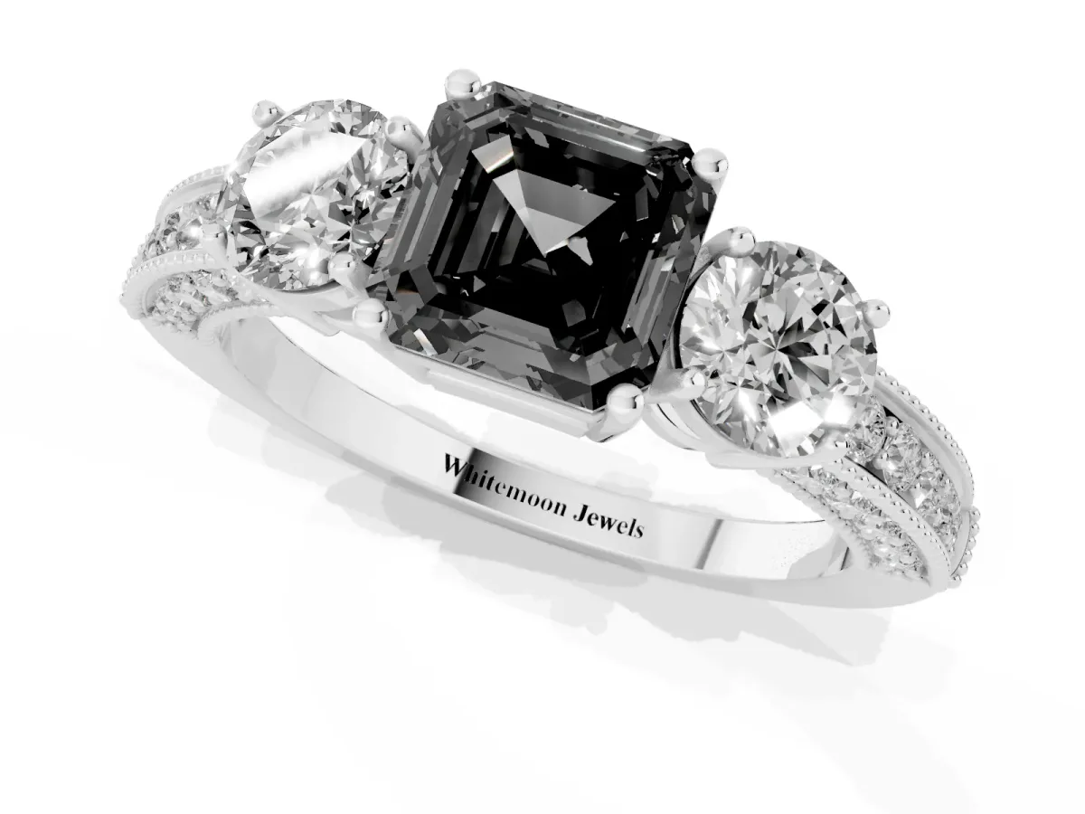 Fancy Black Asscher Cut Three-Stone Diamond Ring with Pavé Band and Four-Prong Setting Silver
