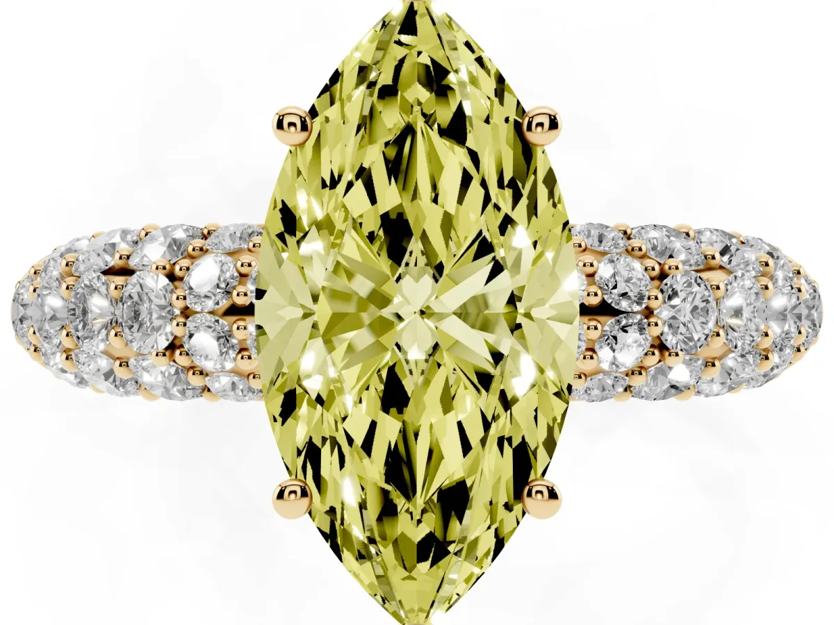 Fancy Yellow Marquise Cut Diamond Pavé Band Solitaire Ring with Four-Prong Setting Yellow gold