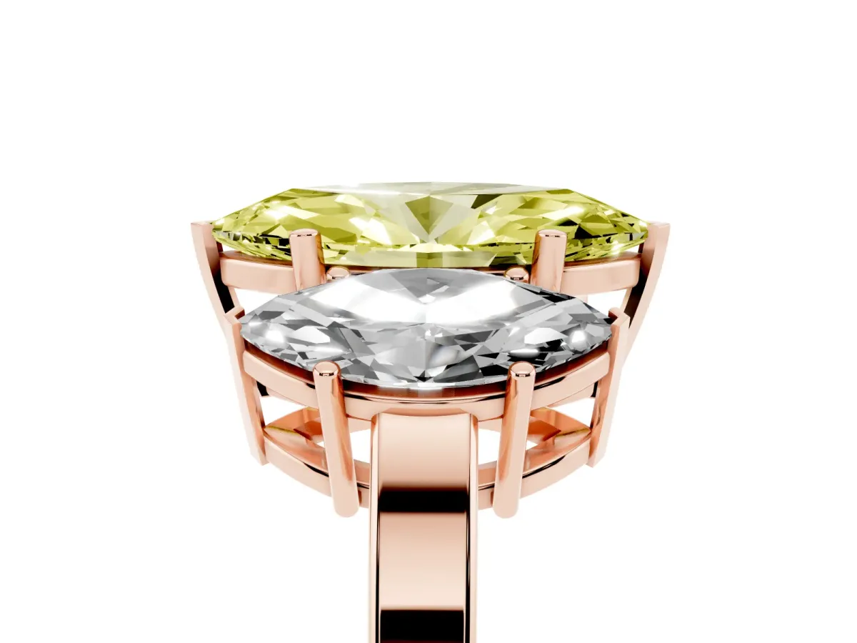 Fancy Yellow Three-Stone Marquise Cut Cut Diamond Engagement Ring with Flat Band and Four-Prong Setting Rose gold
