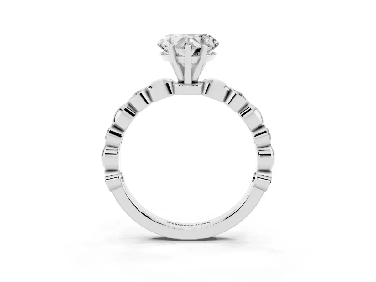 Heart Cut Solitaire Bezel-Set Diamond Ring with Beaded Band and Four-Prong Setting Silver