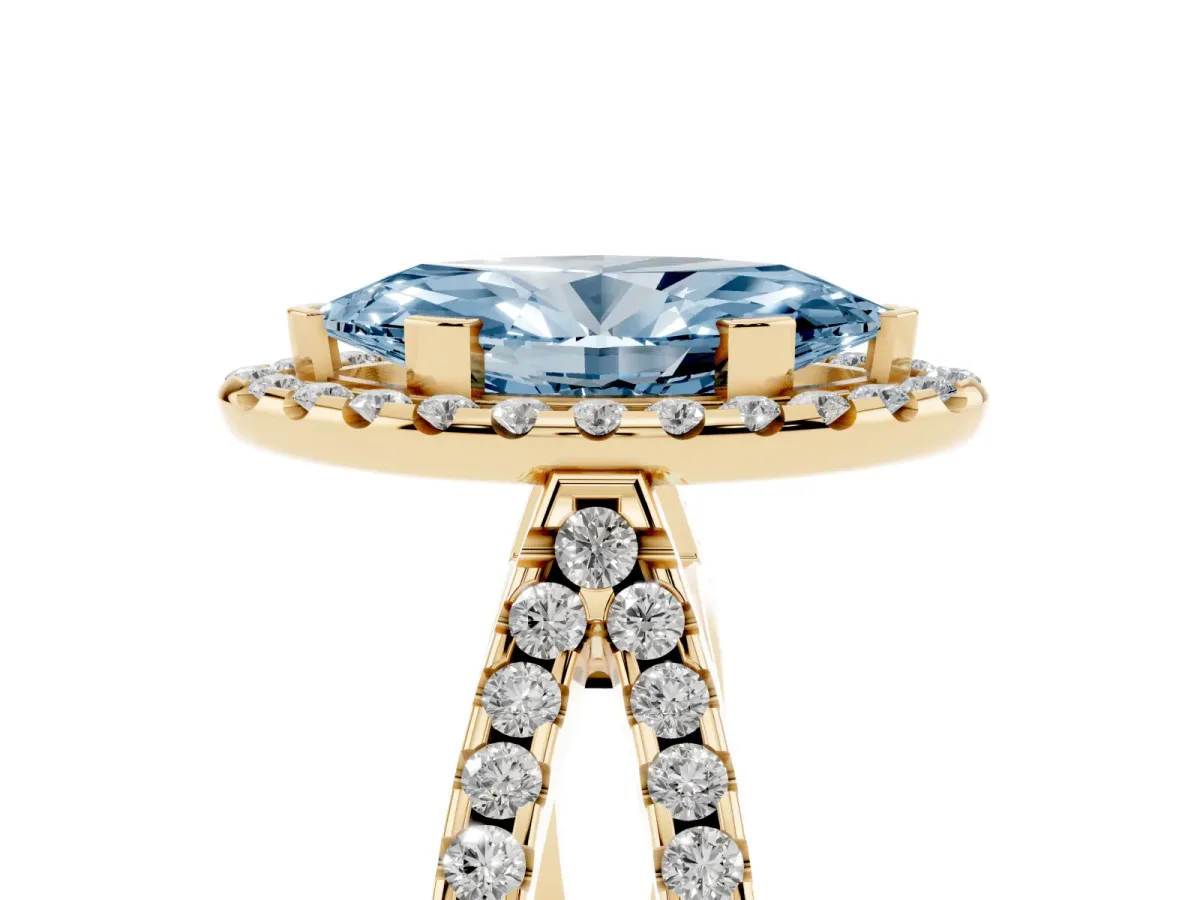 Fancy Blue Marquise Cut Diamond Halo Ring with Split Shank Pavé Band and Prong Setting Yellow gold