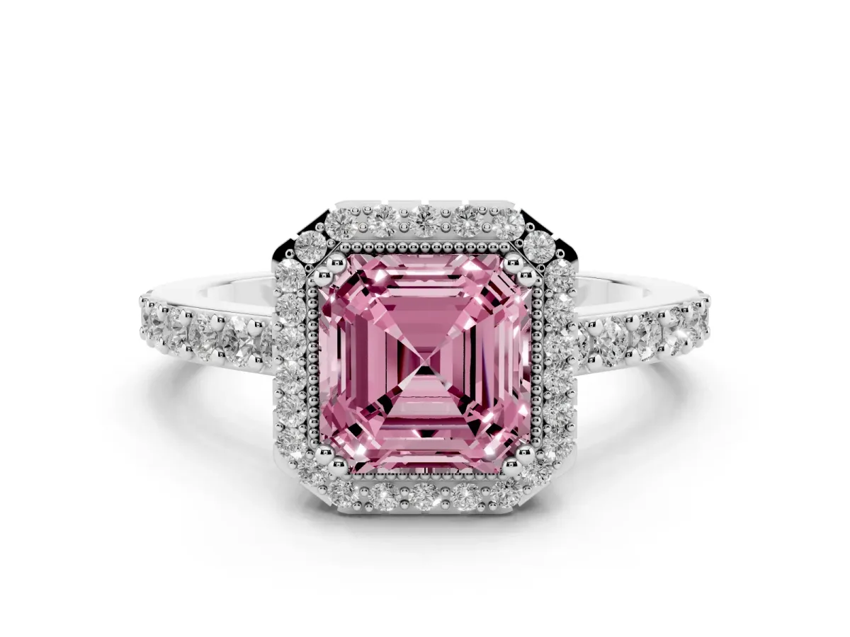 Fancy Pink Asscher Cut Cut Diamond Halo Engagement Ring with Milgrain Detail and Pavé Band White gold