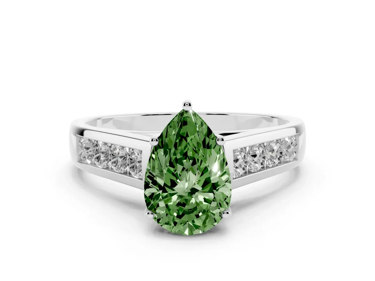 Fancy Green Pear Cut Brilliant Channel-Set Solitaire Ring with Four-Prong Setting Silver