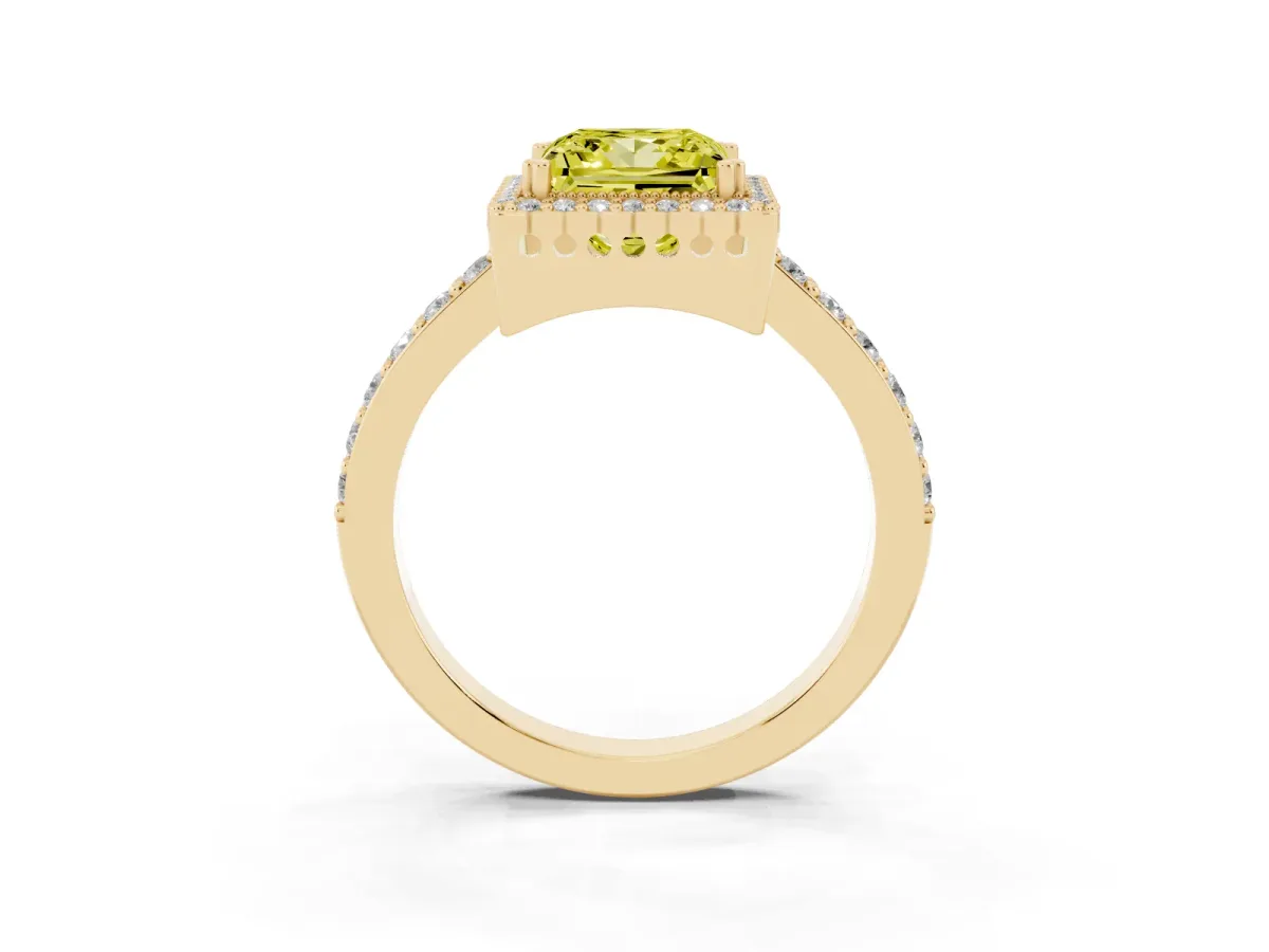 Fancy Yellow Princess Cut Cut Diamond Halo Engagement Ring with Milgrain Detail and Pavé Band Yellow gold