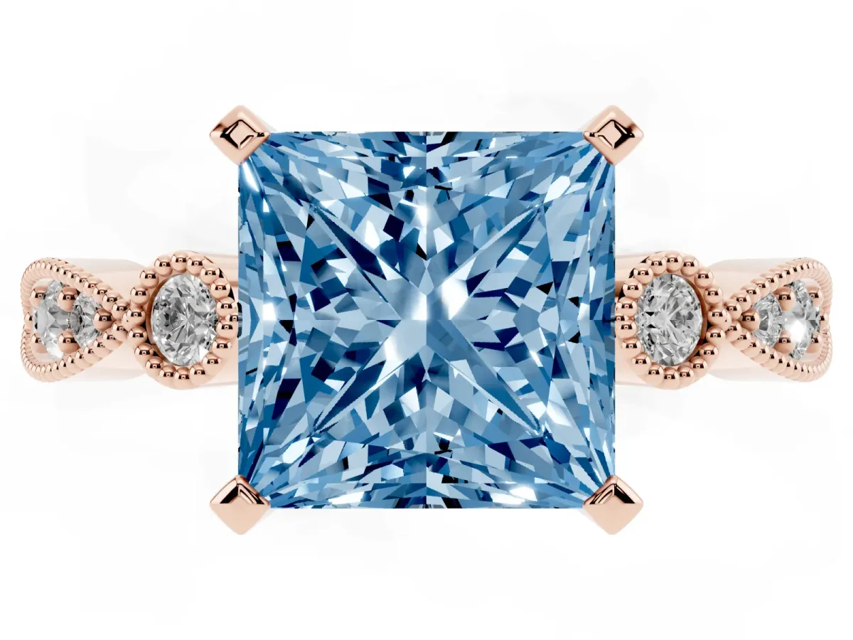 Fancy Blue Princess Cut Milgrain Bezel Diamond Engagement Ring with Solitaire Prong Setting Rose gold