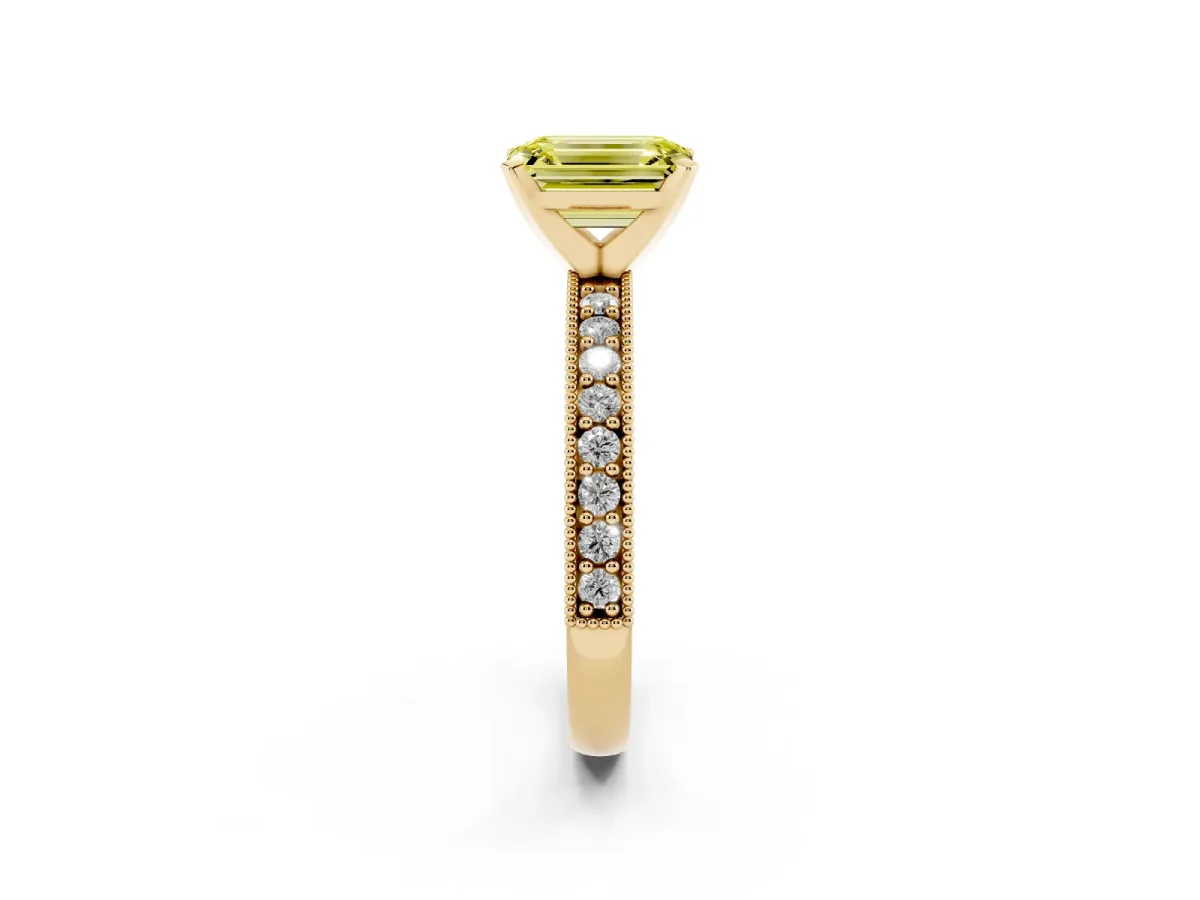 Fancy Yellow Emerald Cut Diamond Milgrain Pavé Engagement Ring with Four-Prong Setting Yellow gold