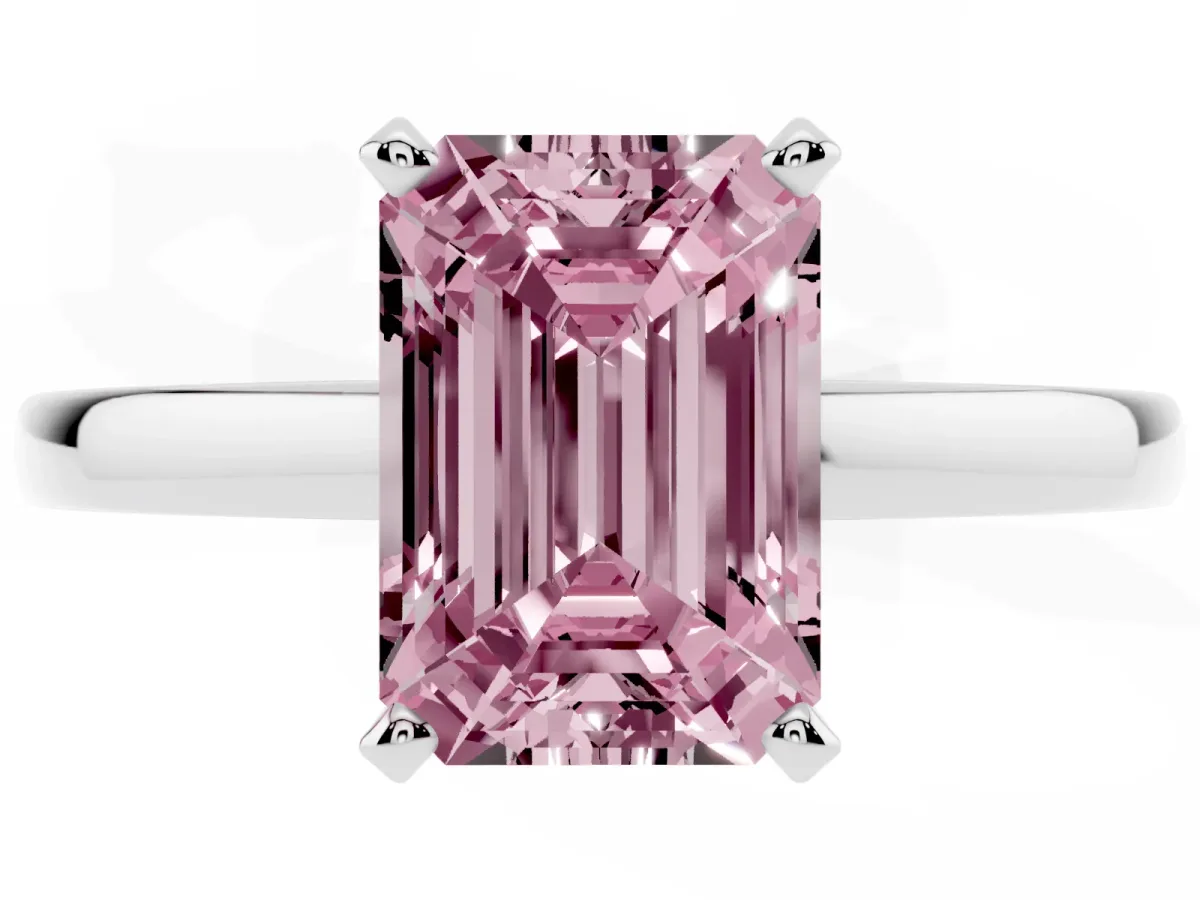 Fancy Pink Emerald Cut Solitaire Diamond Engagement Ring with Four-Prong Setting on a Classic Band White gold