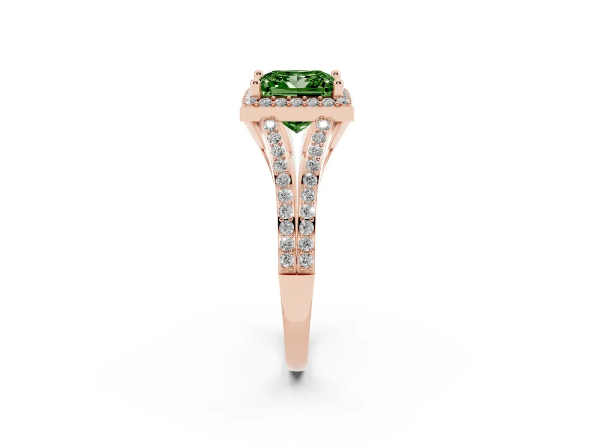 Fancy Green Princess Cut Halo Split Shank Diamond Ring with Prong Setting Rose gold