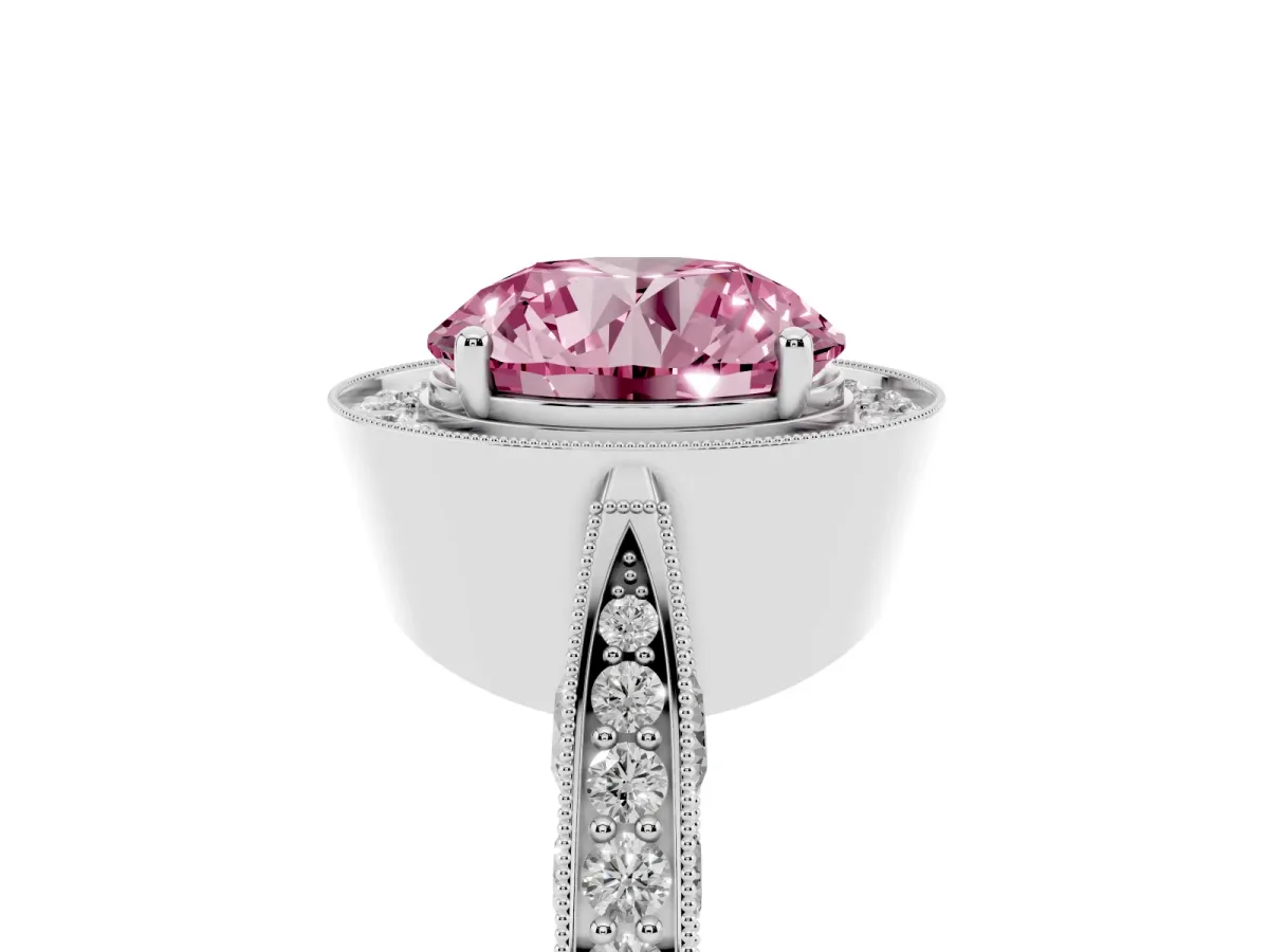 Fancy Pink Round Cut Halo Diamond Engagement Ring with Split Shank Band and Four-Prong Setting Silver