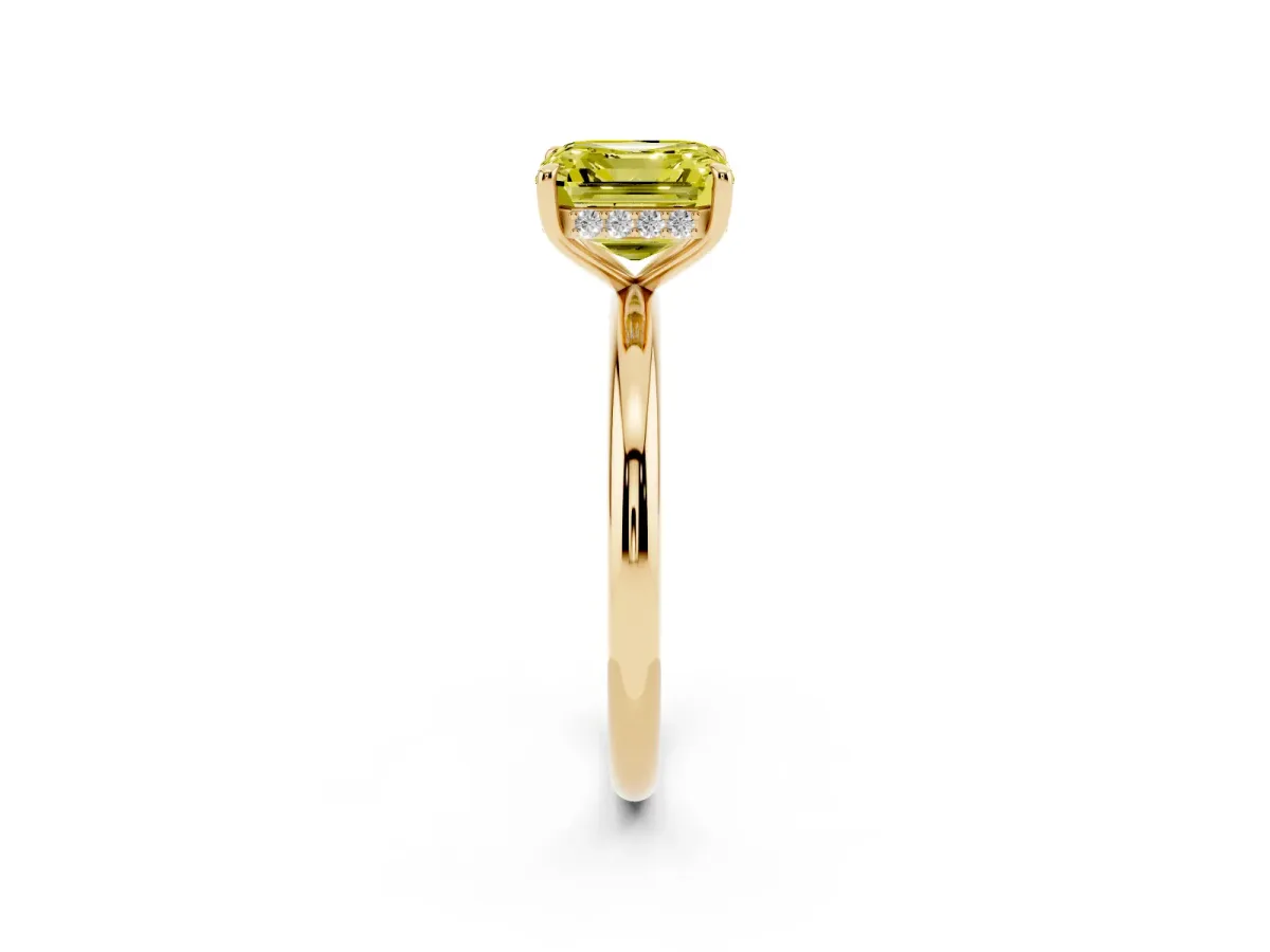 Fancy Yellow Asscher Cut Diamond Solitaire Ring with Thin Band and Four-Prong Setting Yellow gold