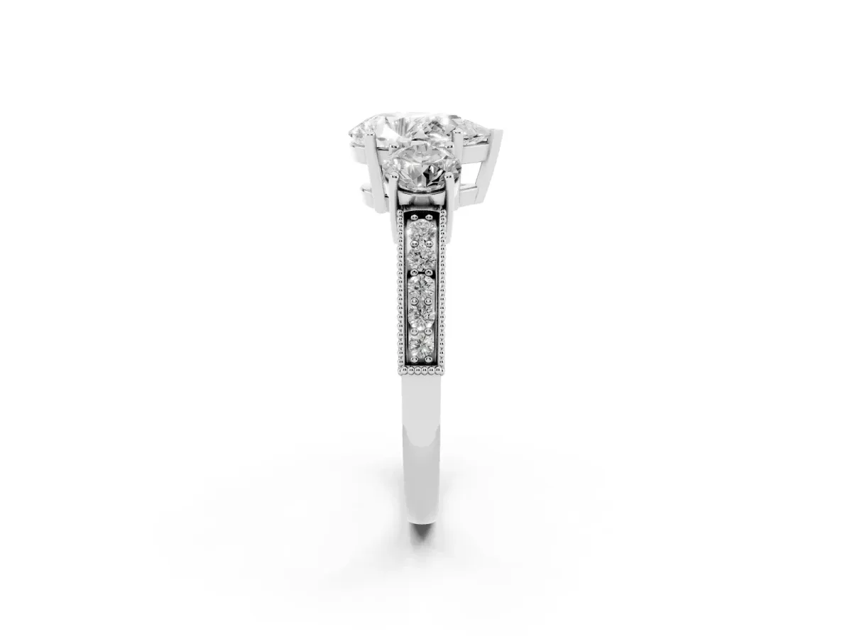 Pear Cut Three-Stone Diamond Ring with Pavé Band and Four-Prong Setting Silver